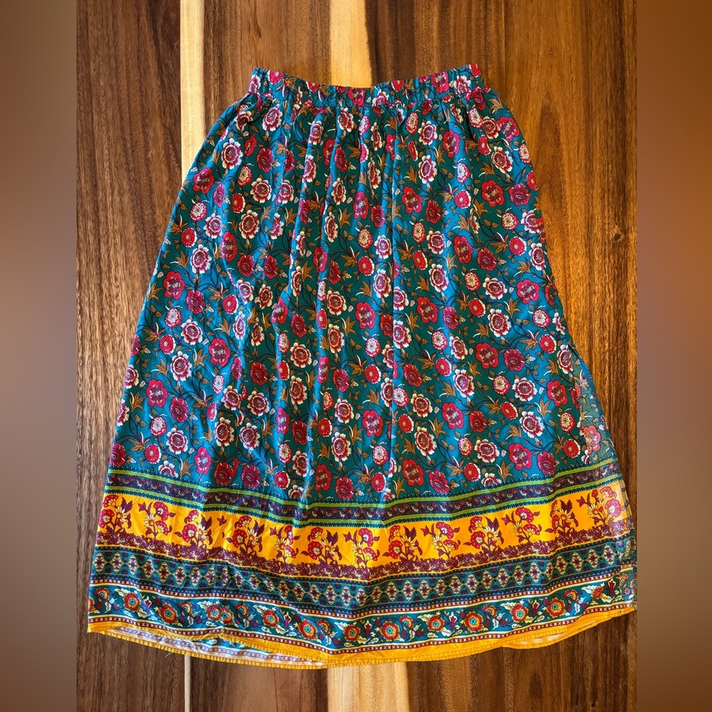 Blue,Red, and Pink Smocked A-Line Midi Skirt